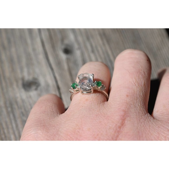Raw Diamond Emerald Engagement Ring Rough Uncut Anniversary Silver Rusti… - Picture 3 of 4